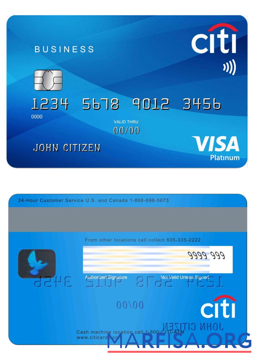 Blank USA Citibank visa platinum card real example